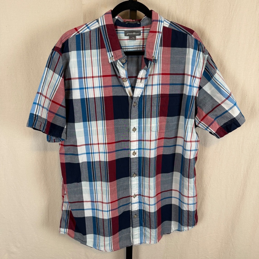 Eddie Bauer Mens Plaid Short Sleeve Button Up Shirt Classic Fit TXL Red‎ Blue